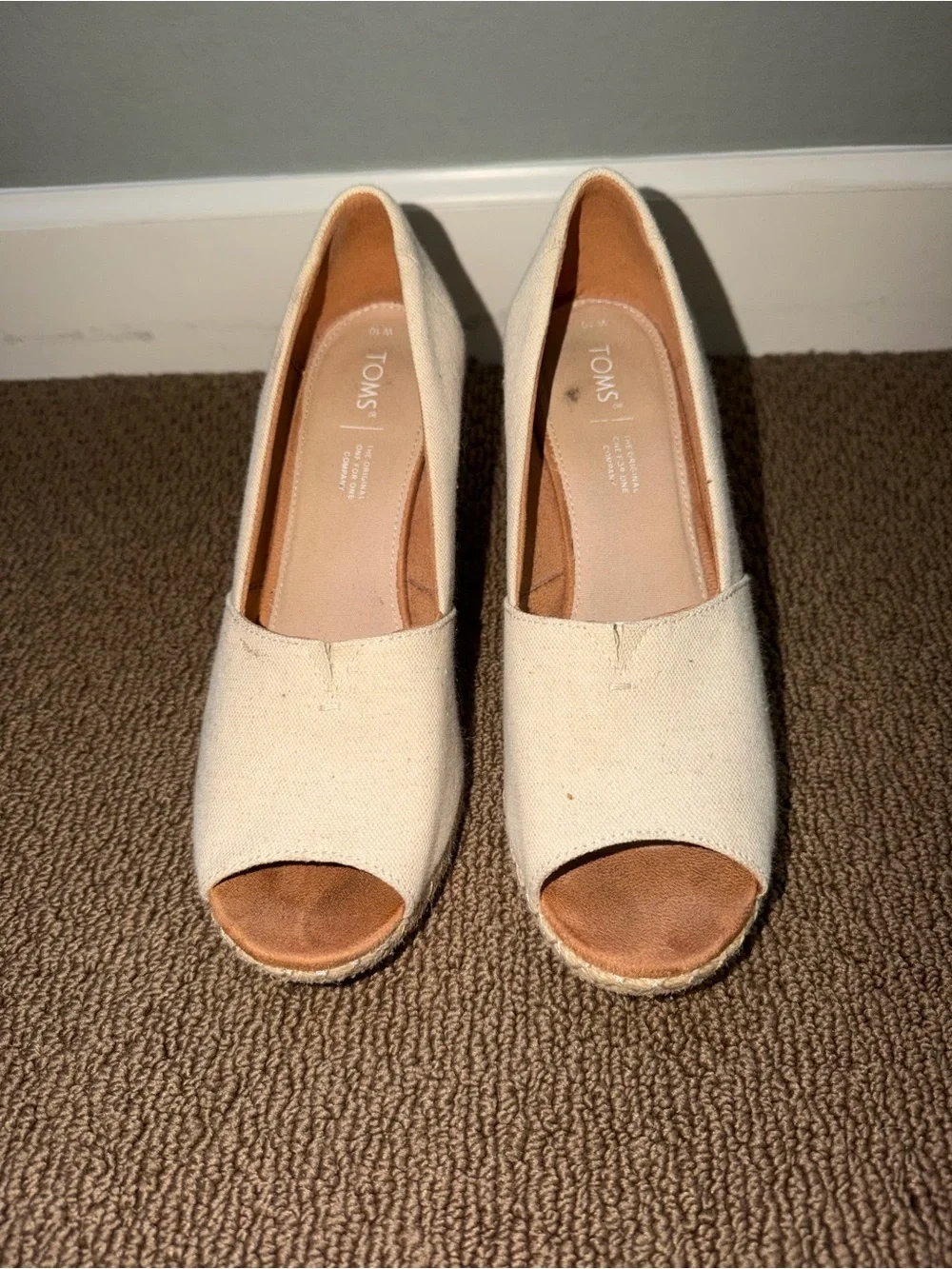Toms Cream Canvas Espadrille Peep-Toe Wedge